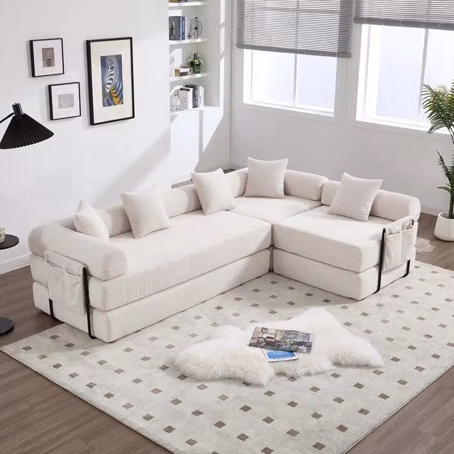 Divano contenitore angolare Minimal beige in tessuto morbido con funzione letto L/P/H: 180 x 73.9 x 64 cm