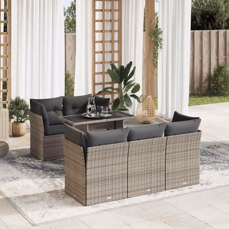 Set Divano da Giardino vidaXL 6 pz con Cuscini e Tavolino in Polyrattan Grigio con Struttura in Acciaio e Vetro