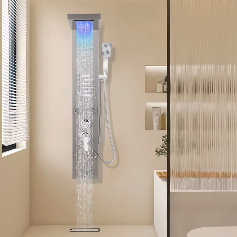 Clanmacy Pannello doccia per bagno Sistema doccia idromassaggio Doccia a pioggia Pannello doccia multifunzionale 5 grandi getti massaggianti Colonna doccia, argento