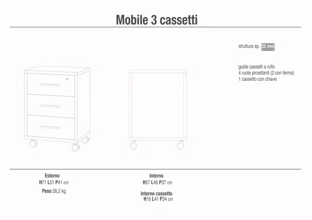 Cassettiera mobile SARMOG con 3 cassetti su ruote, colore Grigio cemento e Bianco Ossido, L: 51 cm, P: 41 cm, H: 71 cm – 2