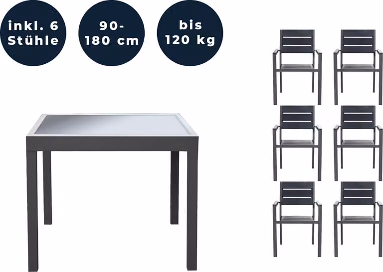 Home Deluxe - Tavolo da giardino allungabile - VERANO - ca. 90 (180) x 90 x 75 cm - incl. 6 sedie, struttura in alluminio, piano in vetro, incl. accessori I Set da giardino tavolo allungabile per balcone