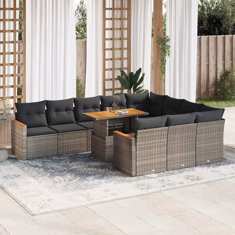 Set di divani da giardino vidaXL 11 pz in polyrattan e legno di acacia con cuscini, colore grigio