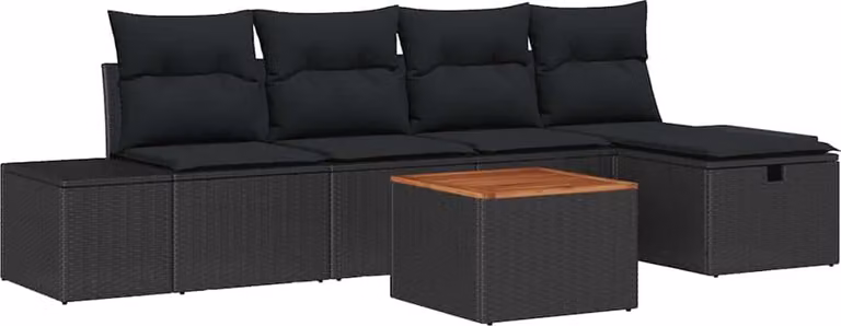 Set Divano da Giardino con cuscino 6 pcs Nero Poly Rattan