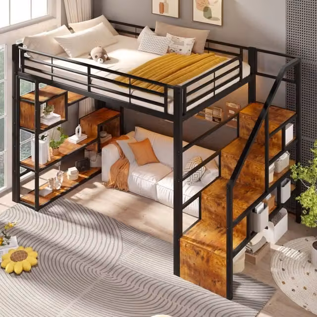 Letto a soppalco 140x200 in metallo e MDF; scala integrata; LED multicolore; nero