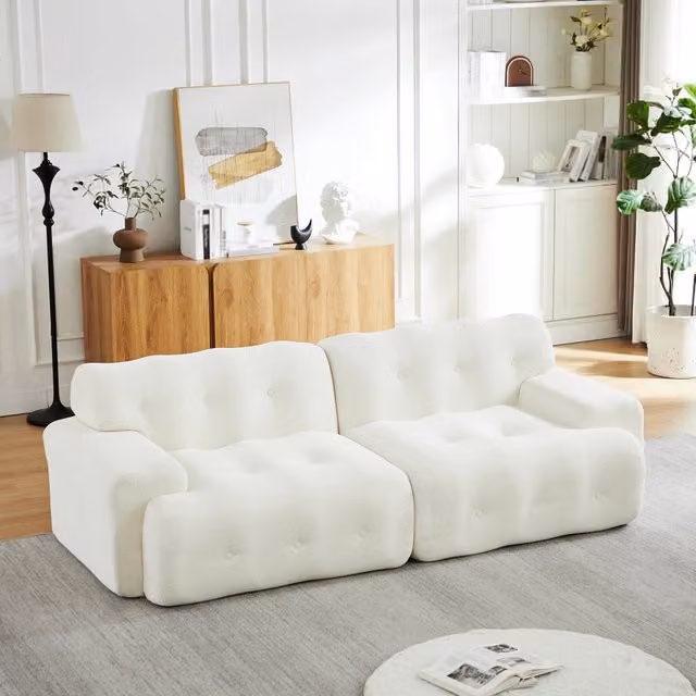 Divano 2 posti modulare con seduta profonda design curvo senza montaggio braccioli in chenille beige 224 × 104 × 66 cm
