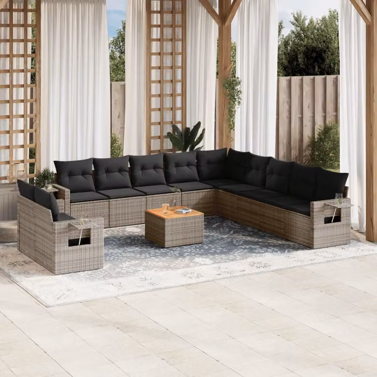 vidaXL Set di Divani da Giardino 12 Pezzi in Polyrattan Grigio con Cuscini e Tavolino da Esterno