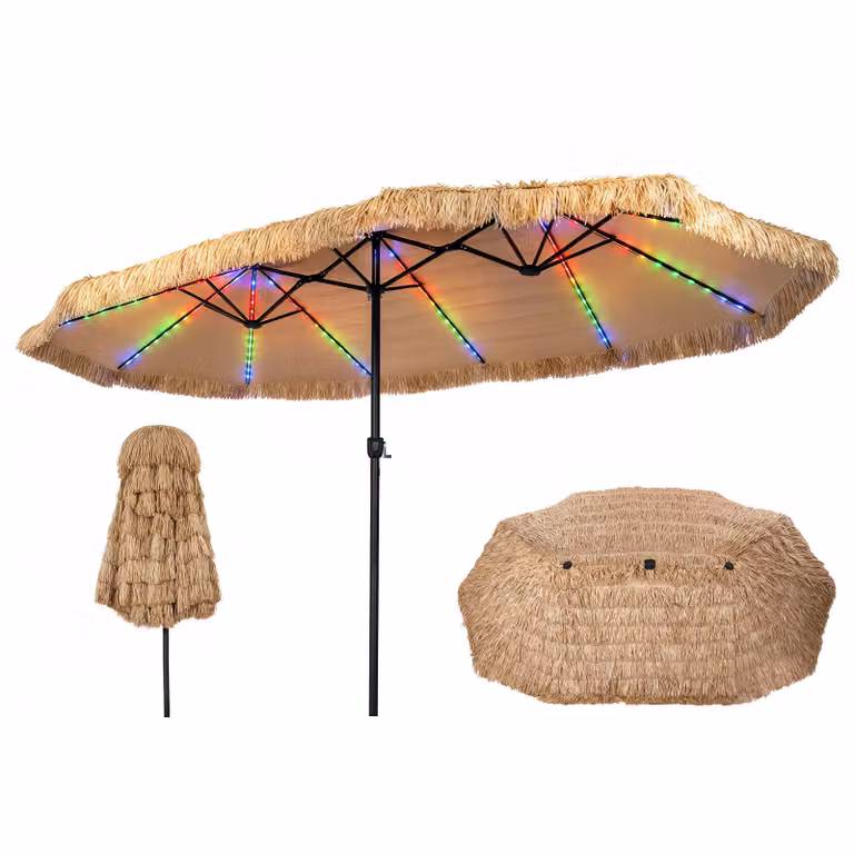 Ombrellone da giardino in paglia Costway con luci LED e manovella, Marrone, L 450 x P 270 cm