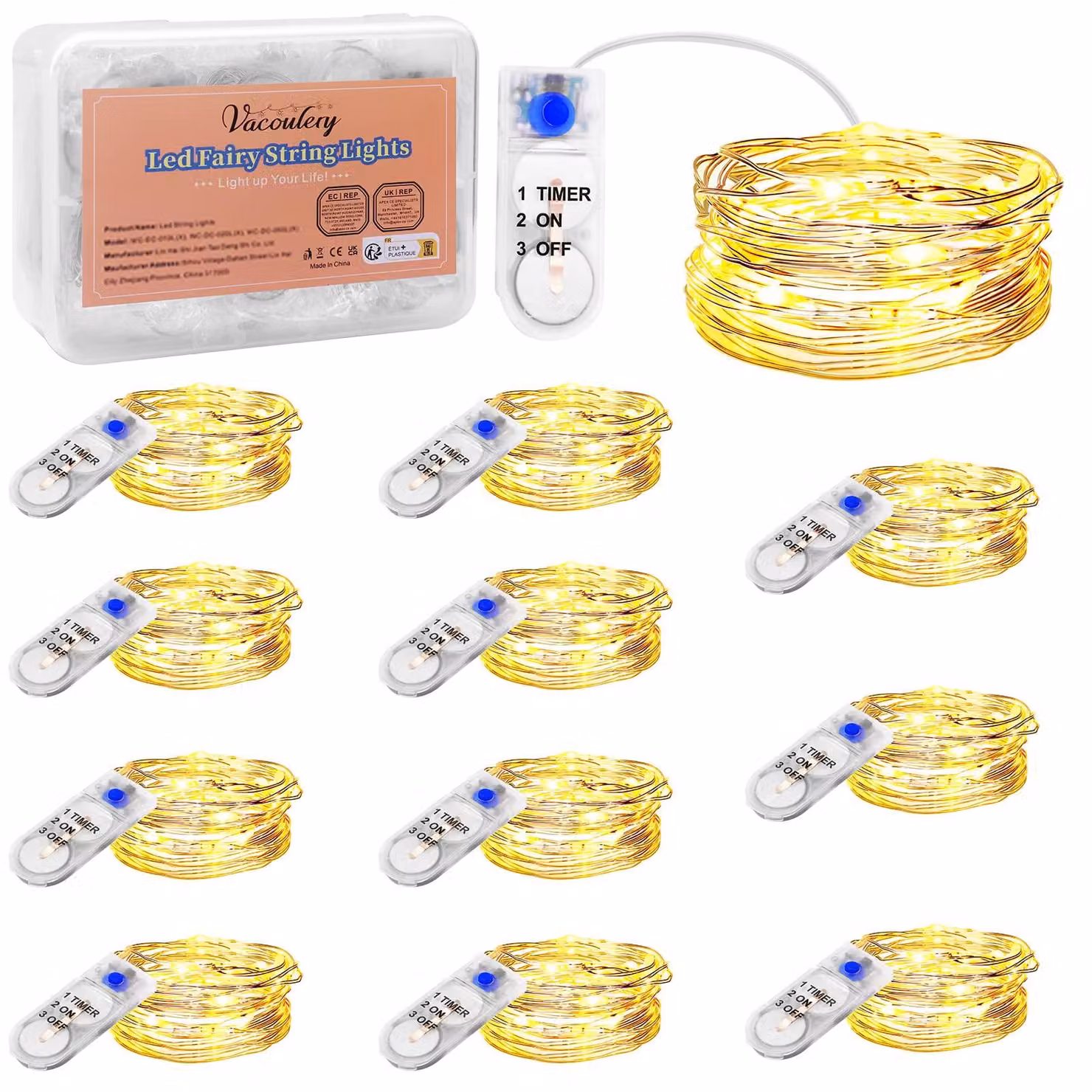 Catena luminosa a LED, 2 metri, 20 LED bianco caldo, alimentazione a batteria, timer, grado di protezione IP65
