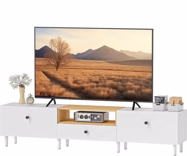 Mobile TV per televisore fino a 90 pollici con 2 ante e cassetto ¨C zephmum ¨C 200x35x45 cm bianco
