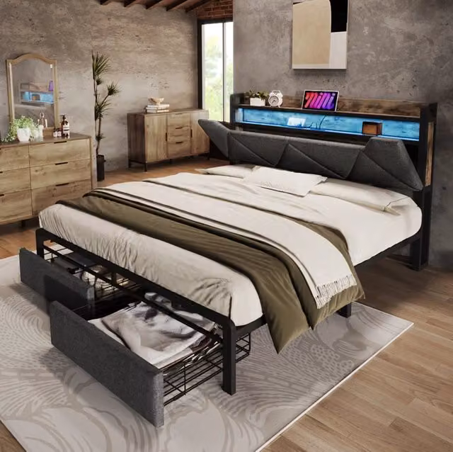 Letto matrimoniale ULEVR 160x200 cm con testiera contenitore, LED, USB e Type-C, 2 cassetti, grigio