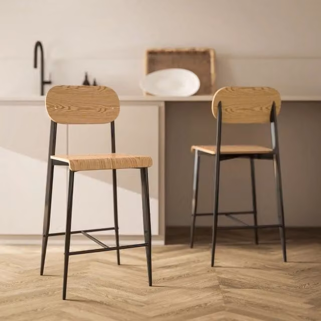 Set di 2 sgabelli da bar in stile industriale WISHDOR in legno marrone e metallo nero, altezza seduta: 66 cm