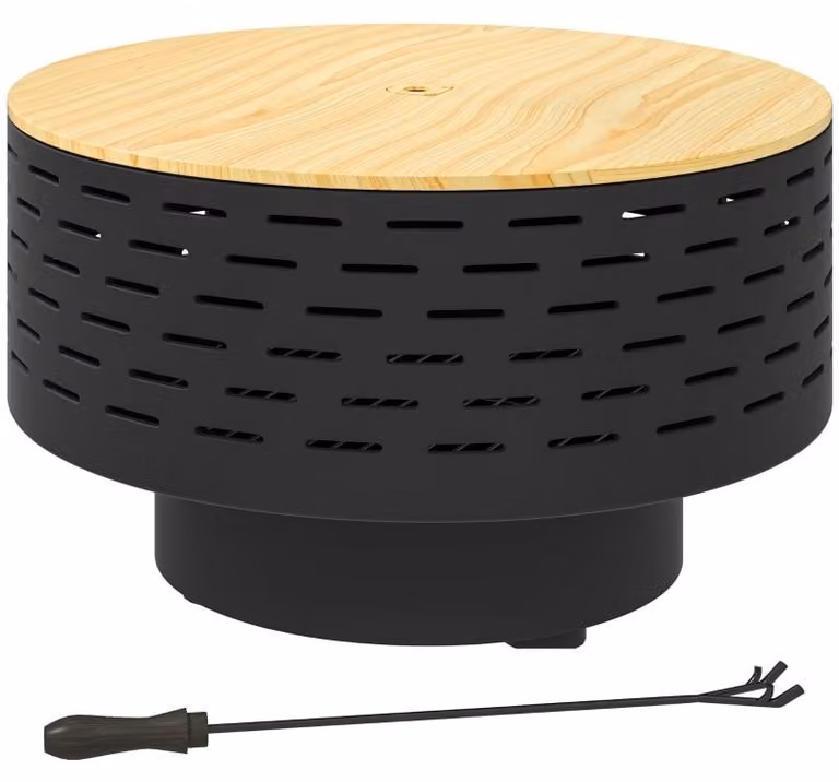 Moonbite, braciere 3-in-1, diametro 60 cm, con griglia, coperchio effetto legno, protezione antiscintille, gancio per la rimozione della cenere, condotto dell'aria, acciaio inossidabile, colore antracite