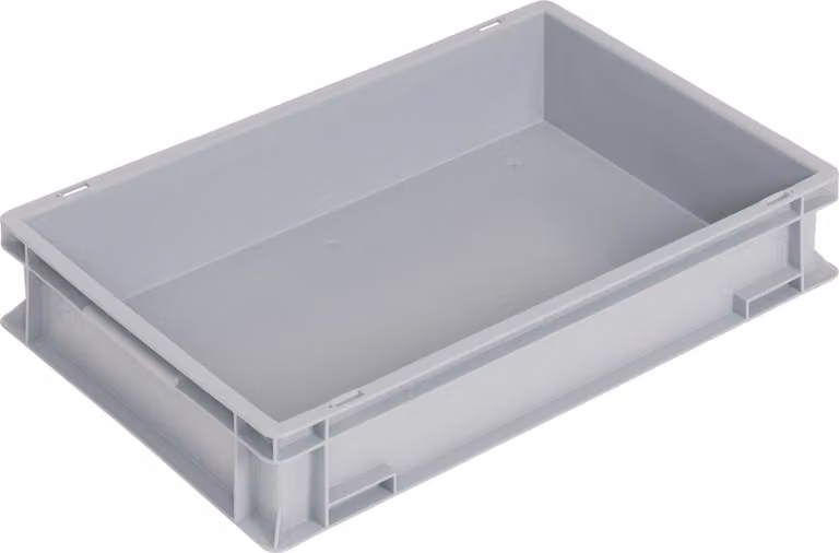 Contenitore di trasporto, dimensioni L600 x P400 x H120 mm, colore grigio, materiale PP, modello "Muschelgr.", pareti laterali chiuse, marca TECWERK