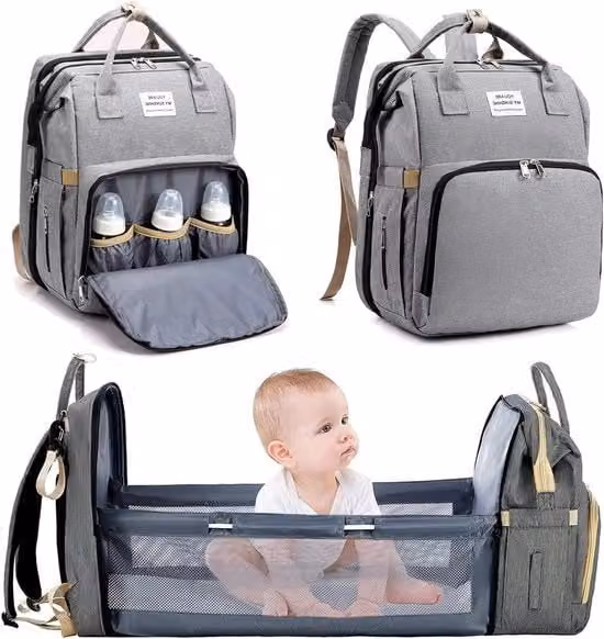 Zaino Borsa da Viaggio Multifunzionale Impermeabile con Pannolino e Kit Cambio, Grande Capacità, Nero e Grigio