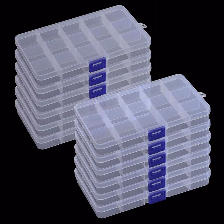Contenitori portaoggetti con 15 scomparti, confezione da 12, dimensioni 17,3 x 9,8 x 2,3 cm, ideali per piccoli oggetti