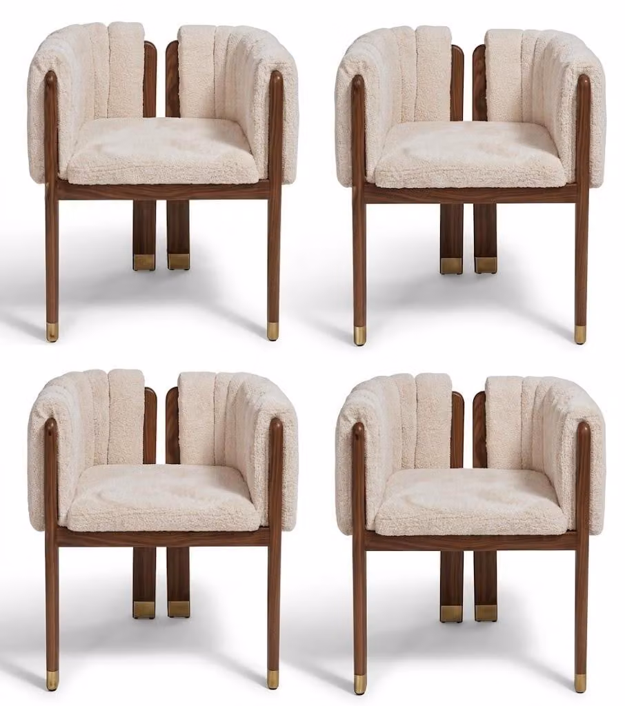 Set di sedie, design beige, rivestimento in tessuto, struttura in legno, eleganti, confortevoli, dal design intramontabile e dallo stile raffinato