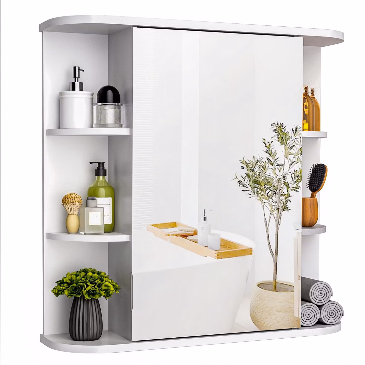 Mobiletto bagno con specchio, 68x60 cm, 9 ripiani, da montare a parete, bianco