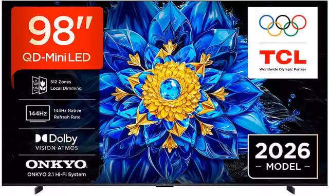 Smart TV TCL 98P8L da 98 pollici QD-Mini LED 4K UHD Google TV con Audio Onkyo 2.1 e 144Hz VRR, Nero