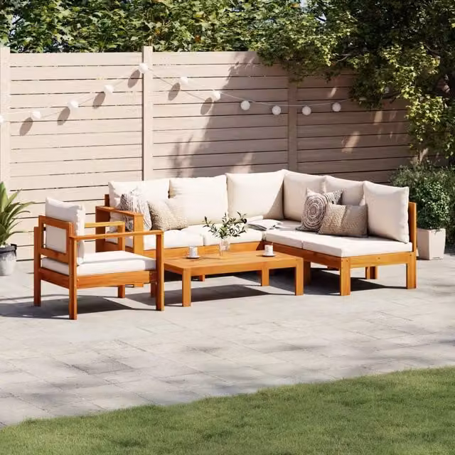 Set Divano da Giardino a L vidaXL in Legno di Acacia con 5 Pezzi e Cuscini Beige – 1