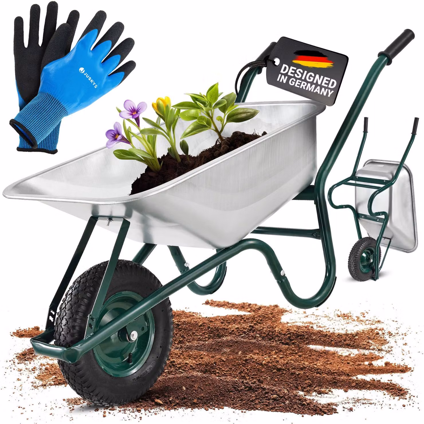 Carriola Juskys Garden, capacità 100 litri - 250 kg - Pneumatici con cerchi in metallo color argento