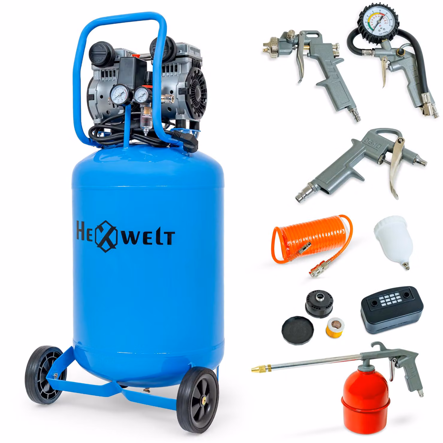 Compressore ad olio 50L HEXWELT 1500W 8 Bar 250 l/min kit pneumatico 5in1 doppio pistone