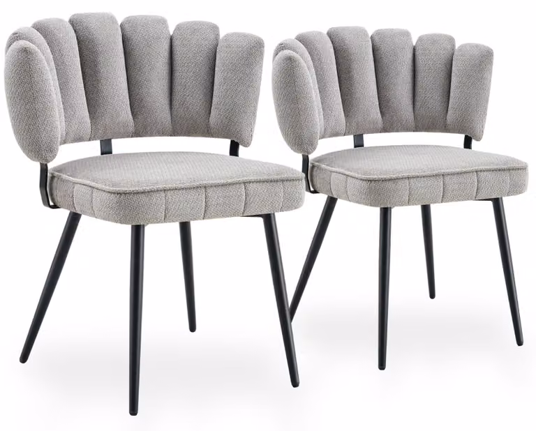 Set di 2 poltrone da pranzo in stile bouclé, con schienale a forma di fiore e struttura in metallo, colore grigio