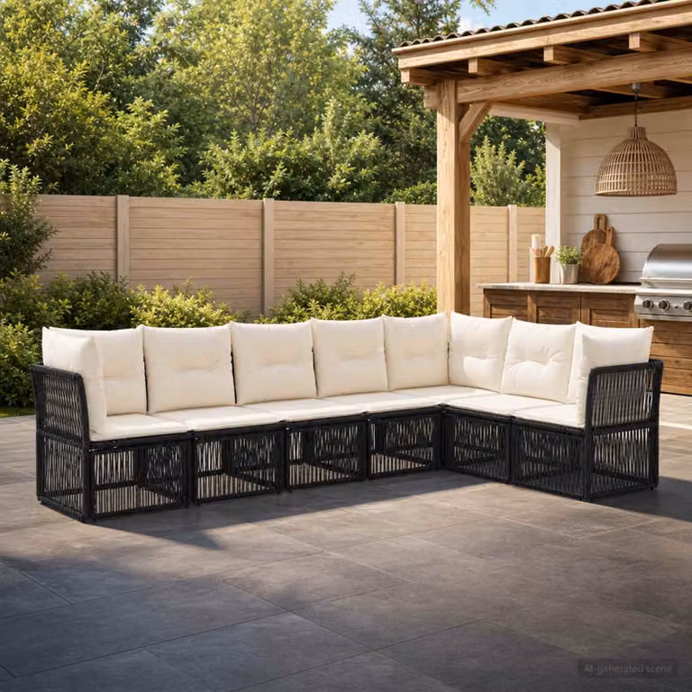 Set Divano da Giardino L-Shape vidaXL in Polyrattan Nero con Cuscini Imbottiti e Rivestimenti Rimovibili