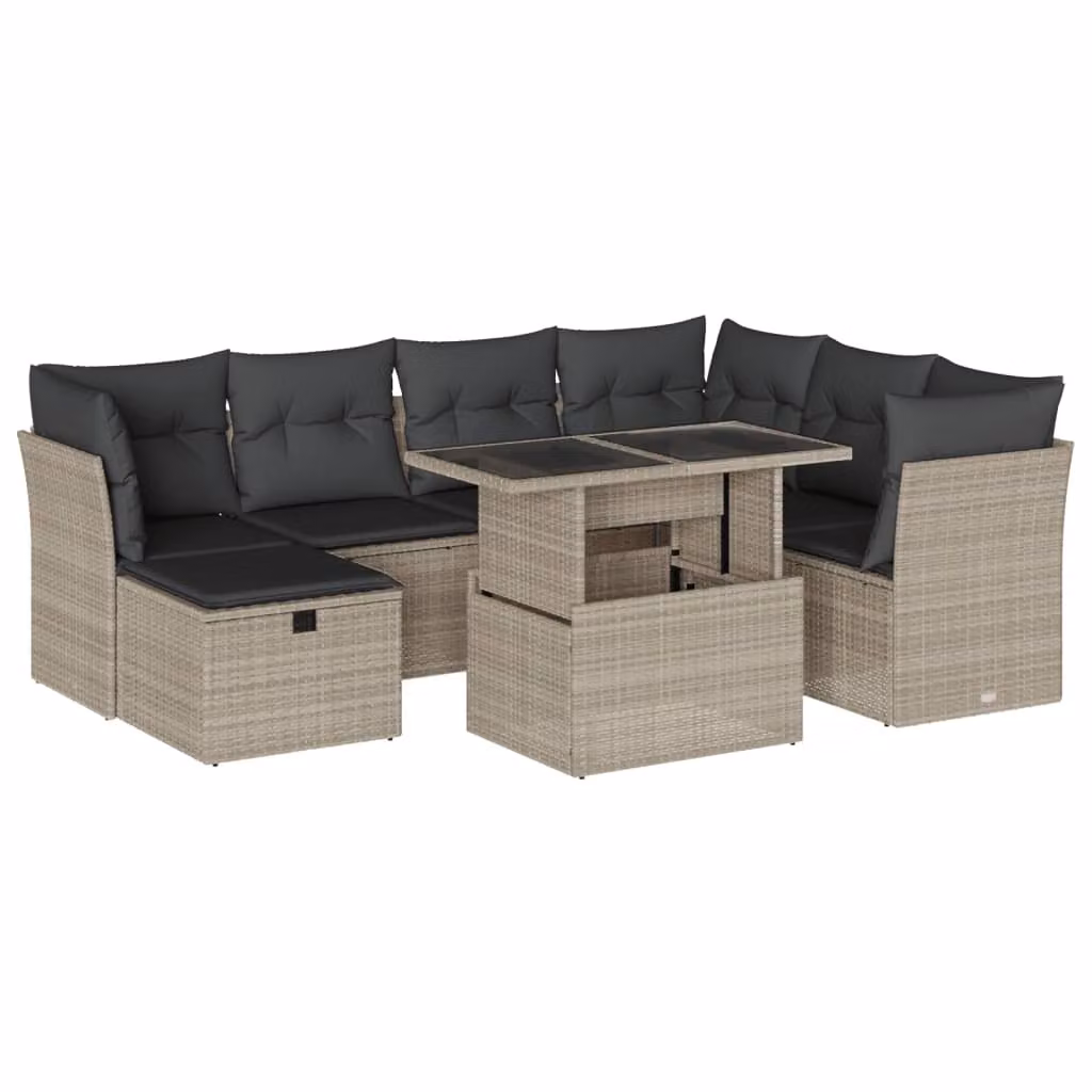 Set Divano da Giardino 8pz con Cuscini Grigio Chiaro Polyrattan