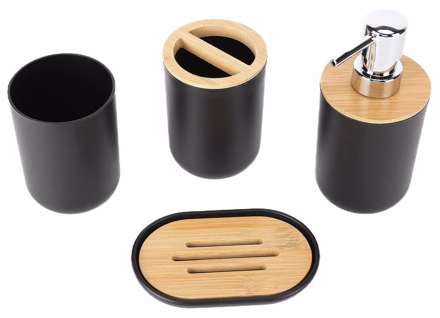 Set da bagno in bambù e plastica, composto da 4 pezzi, colore nero