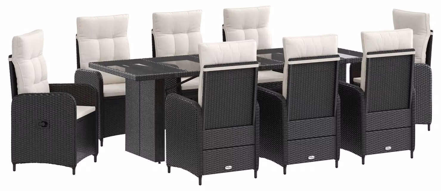 Set da tavolo da esterno, 9 pezzi, in rattan sintetico nero e crema