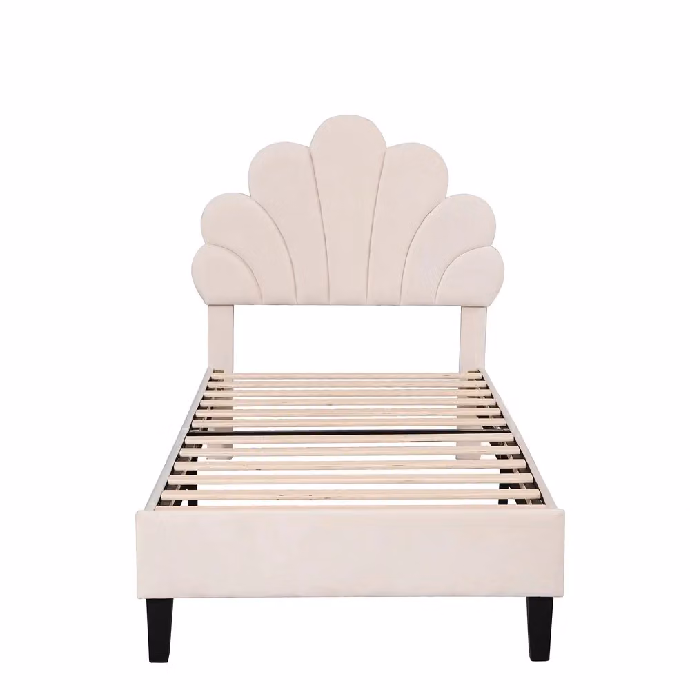 Letto imbottito per bambini Minimal in velluto beige con testiera a forma di fiore e rete a doghe L/P/H: 206 x 90 x 110,5 cm – 2