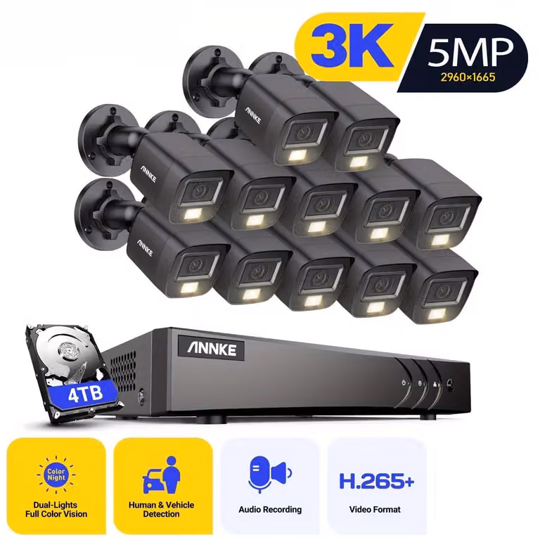 Kit di telecamere di sicurezza – Sistema a 16 canali, risoluzione 3K, con riconoscimento AI di persone e veicoli e hard disk da 4TB