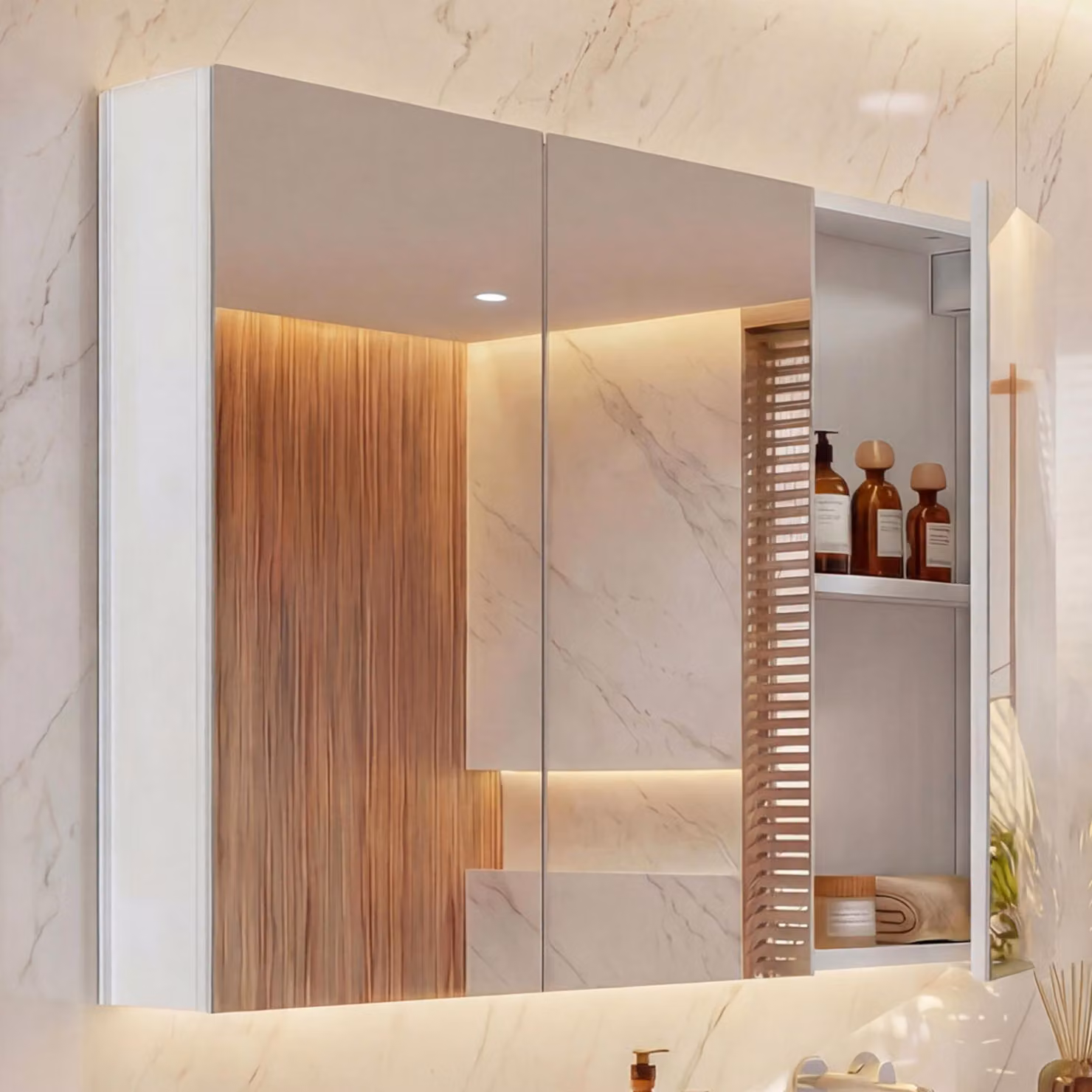 Mobile a specchio MCW-B19b, pensile per bagno, 6 ripiani MVG lucido 70x80x16cm ~ bianco
