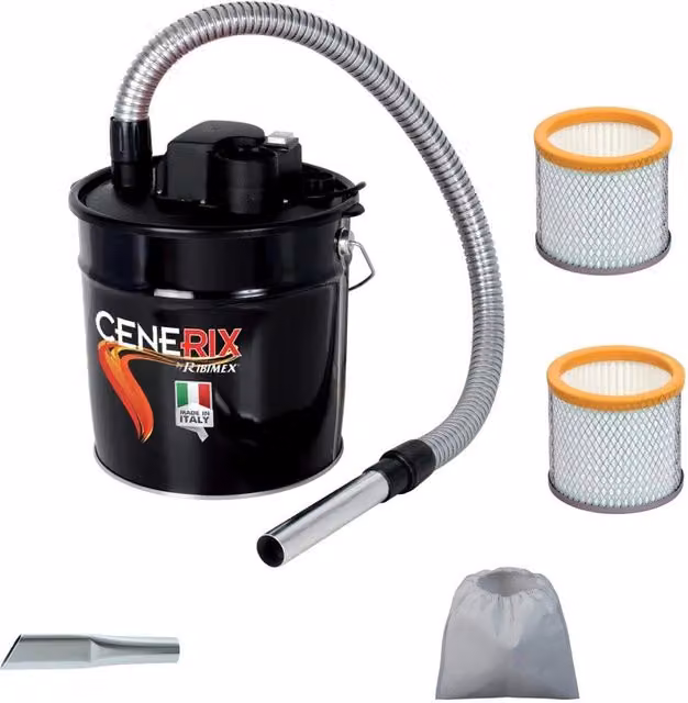 Aspiracenere Ribitech Cenerix 1200w Nero con Bidone da 18 Lt per Stufe a Pellet e Camino