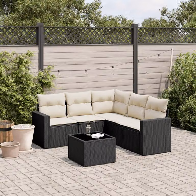 Set Divano da Giardino vidaXL 6 pz a Forma a L in Polyrattan Nero con Cuscini e Tavolino