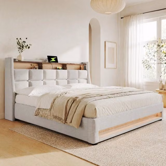 Letto imbottito 140x200 cm beige con LED, USB e contenitore