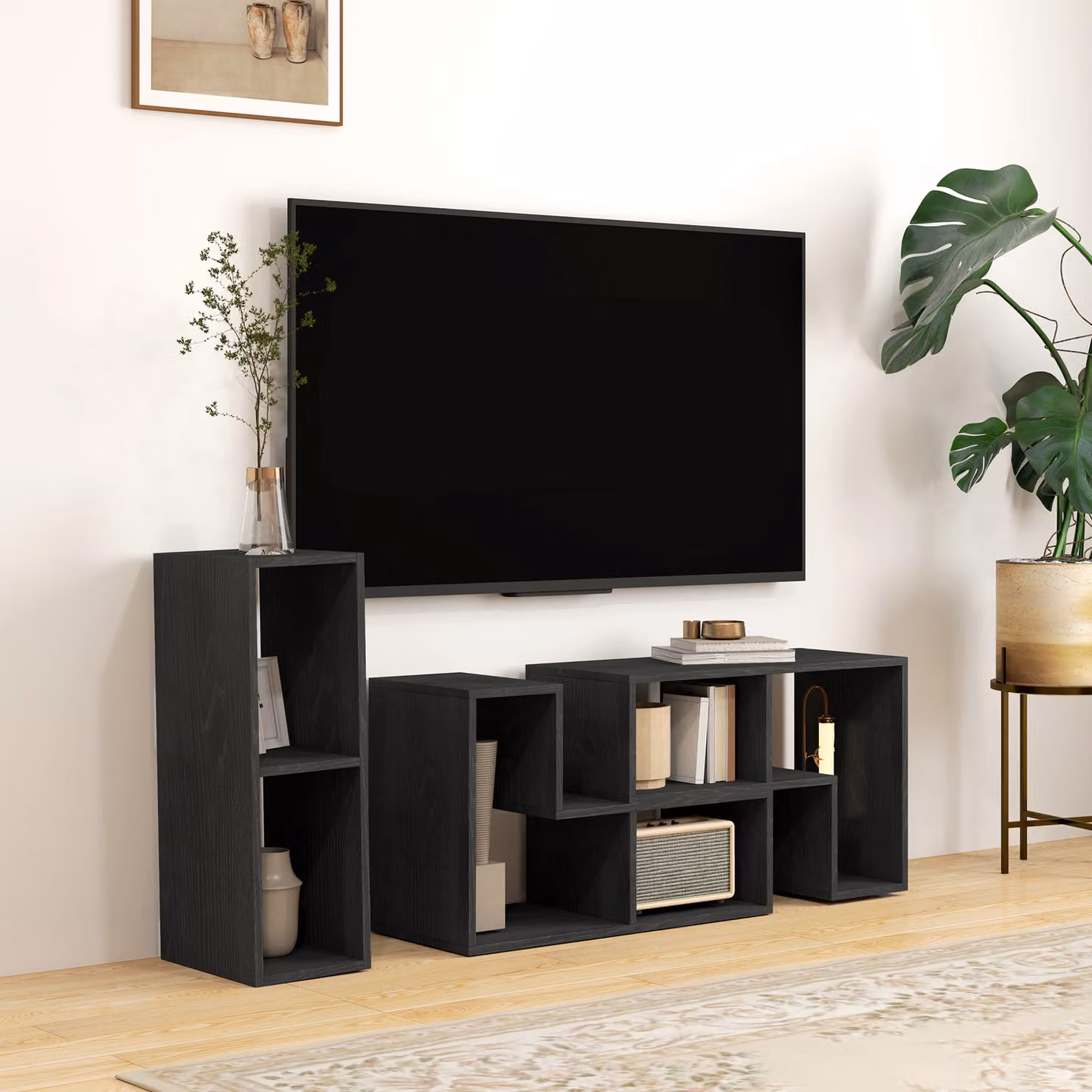 Mobile TV HOMCOM modulabile per schermi fino a 75 pollici con 2 ripiani a L e mensola rettangolare, in legno, Nero, L: 134-180 cm, P: 30.5 cm, H: 44 cm – 2