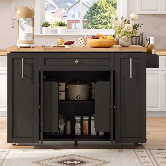 Carrello da cucina con piano pieghevole, 3 cassetti e 2 ripiani sulle ante, MDF nero naturale, 120 × 45 (70) × 87 cm