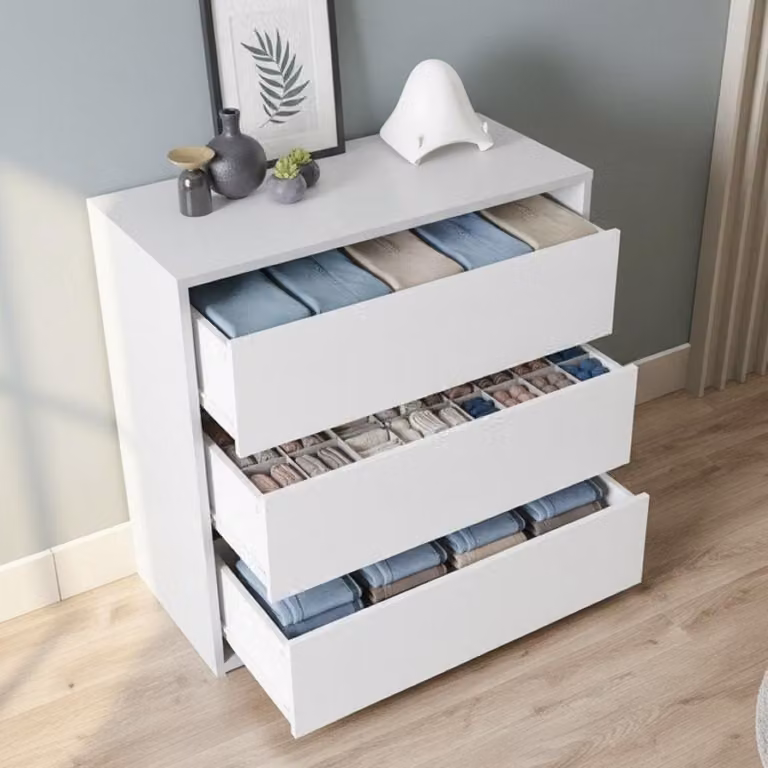 Dmora Cassettiera Antar 44x60x57h cm Bianco, 3 Cassetti Apertura Scorrevole