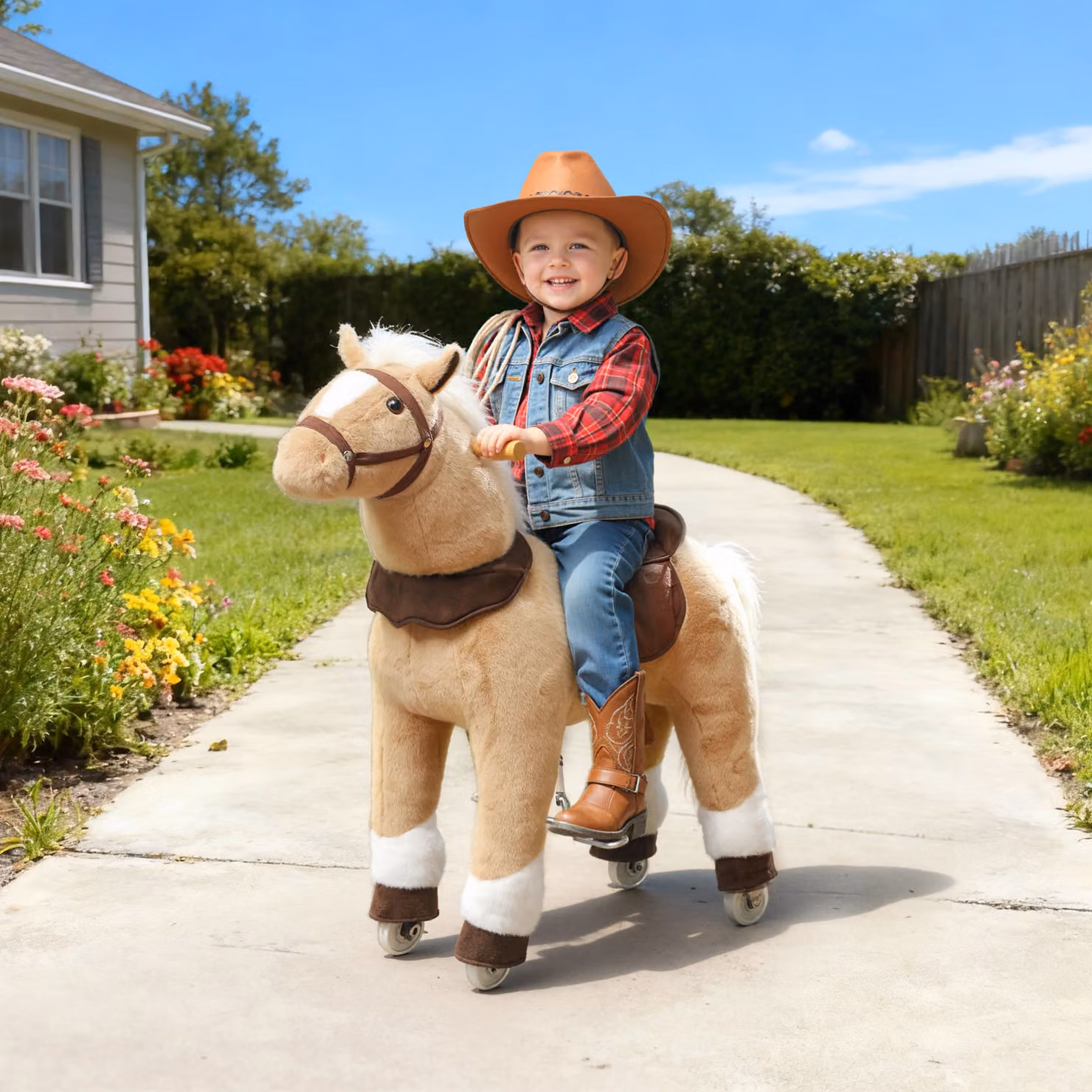 Cavallo a dondolo AIYAPLAY per bambini con rivestimento in tessuto e ruote morbide, Marrone – 2