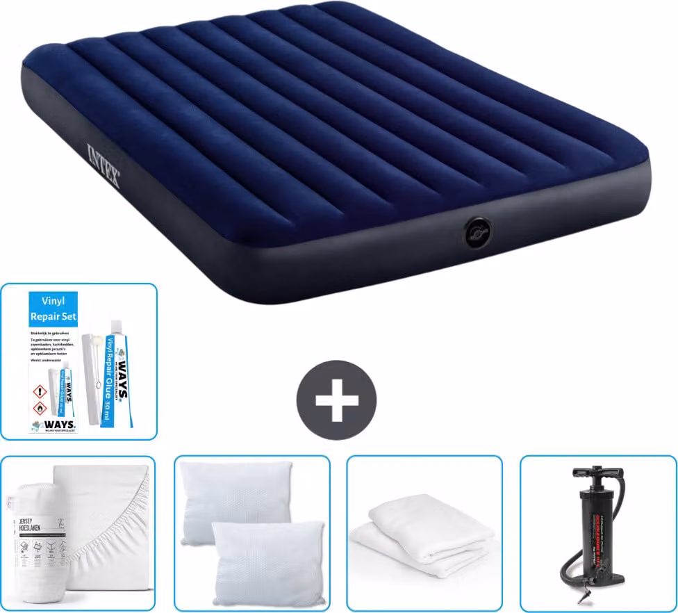 Letto gonfiabile Intex - 2 persone - 152 x 203 x 25 cm - blu - lenzuolo incluso - bacio - pompa - set di riparazione e protezione per cuscini