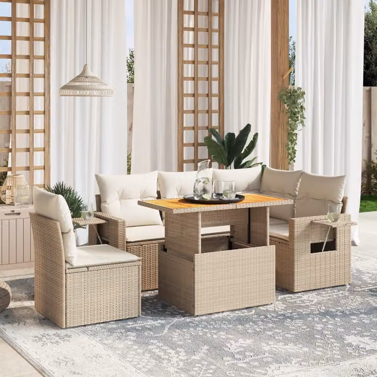 vidaXL Set Divano da Giardino a L in Polyrattan con Cuscini Beige e Tavolino da Esterno 6 pz