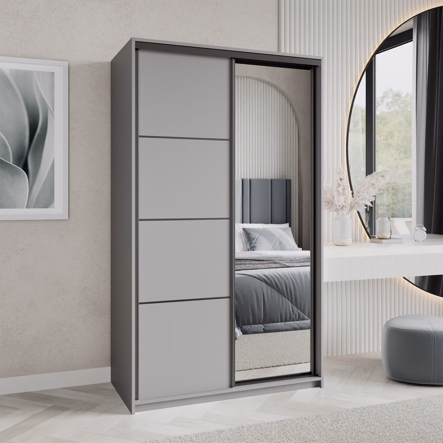 Armadio scorrevole Masseno VARO 120/205/60 cm Armadio con cassetti Armadio per camera da letto a 2 ante con specchio Colore grafite + nero