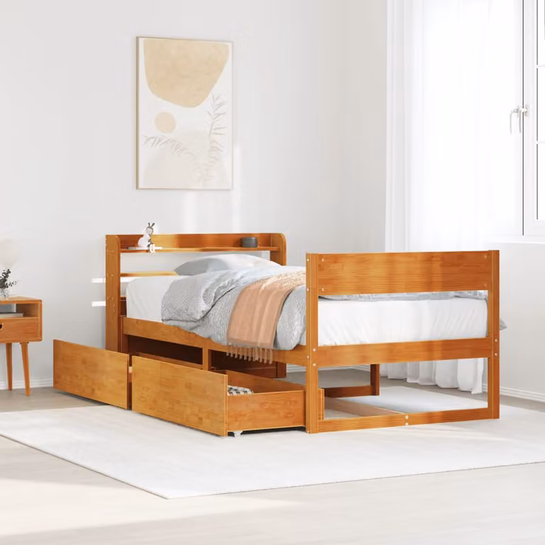 vidaXL Letto in Legno di Pino Massiccio Marrone Cera con Cassetti L/P/H: 100 x 200 x 82 cm