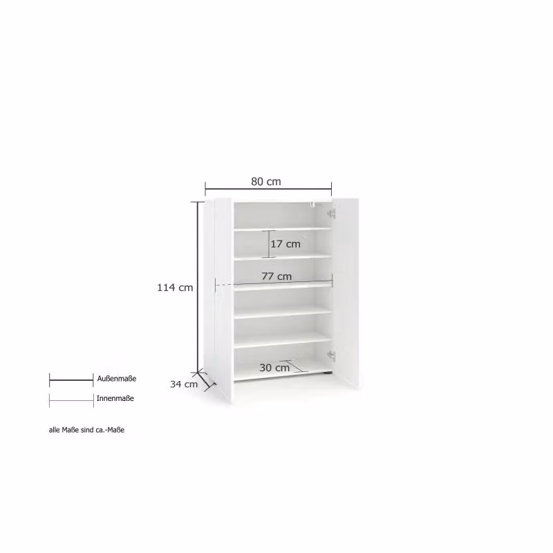 Scarpiera moderna Kitaly con 2 ante e ripiani interni in MDF laccato, disponibile in bianco o grigio, L: 114 cm, H: 80 cm, P: 34 cm – 2