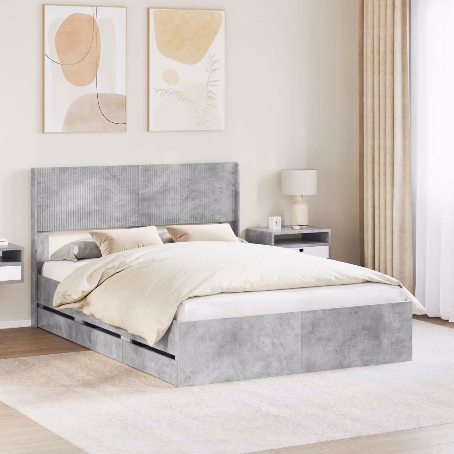 Struttura letto con contenitore e testata vidaXL in legno MDF Grigio, L: 146,5 cm, P: 193,0 cm, H: 100,0 cm