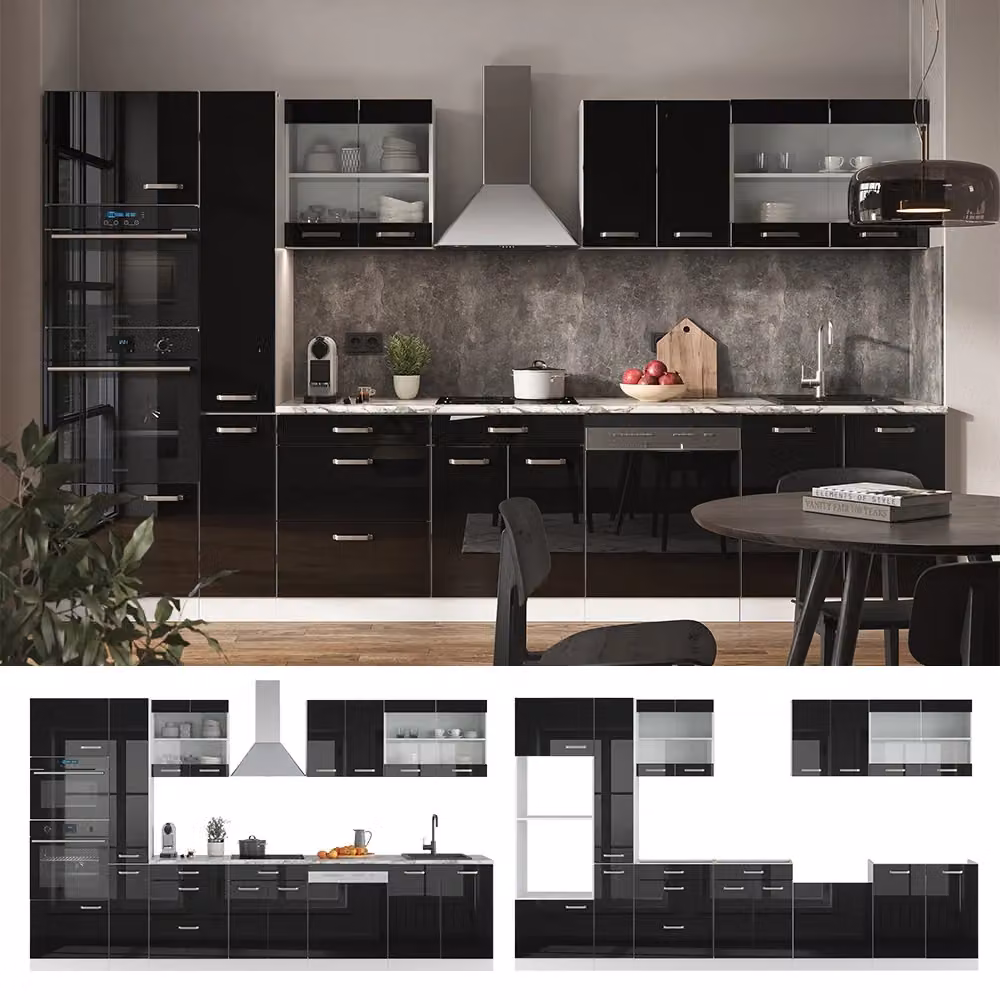 Cucina componibile moderna R-Line Vicco Nero lucido e Bianco con armadio alto, L: 350 cm – 2