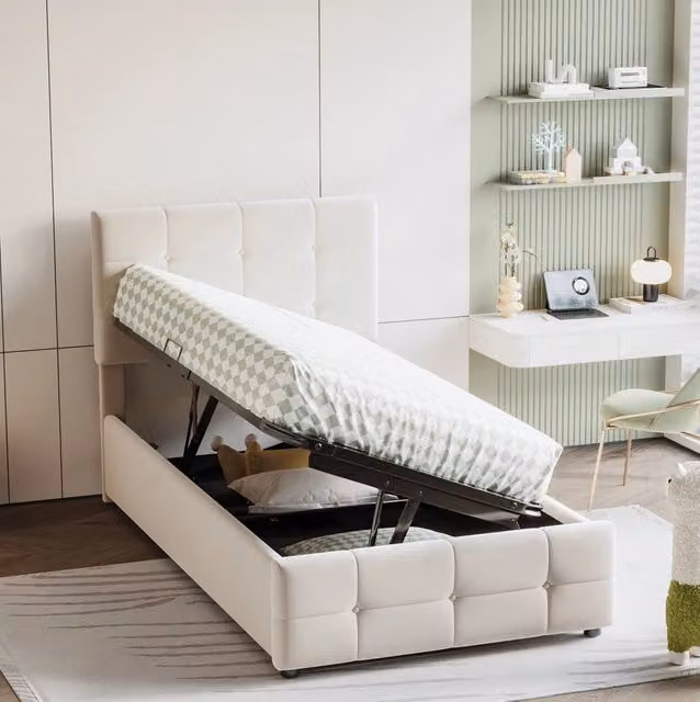 Letto imbottito bambini 90x200 cm con contenitore idraulico; testiera regolabile; velluto beige