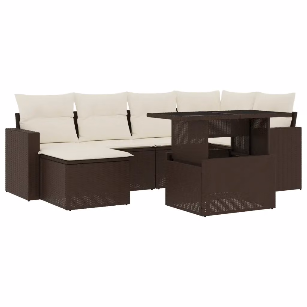 Set di divani da giardino vidaXL 7 pezzi in polyrattan marrone con cuscini e tavolino da esterno a forma di L – 2