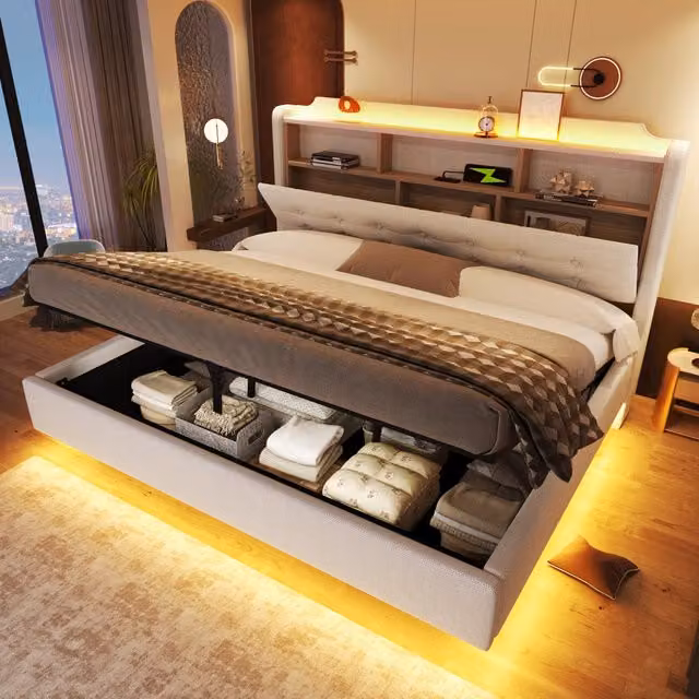 Letto contenitore 180x200 cm; matrimoniale con contenitore idraulico; scomparti; LED; USB e Type-C; design sospeso; lino; beige